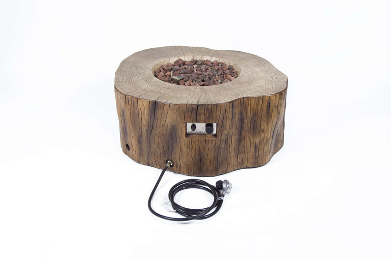 Elementi Manchester Wooden fire pit table with a hose on a white background