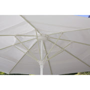 Close-up of a white Helux umbrella with visible ribs and pole.