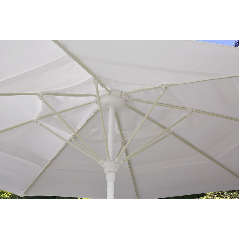 Close-up of a white Helux umbrella with visible ribs and pole.