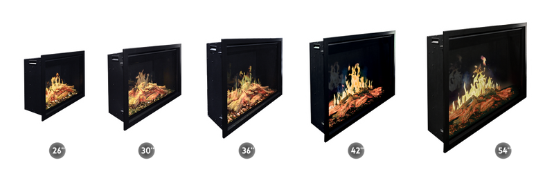 Set of Modern Flames Orion Traditional electric fireplaces with different sizes on a white background