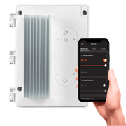 Smart home control panel with smartphone displaying control interface for Bromic's app with a transparent background