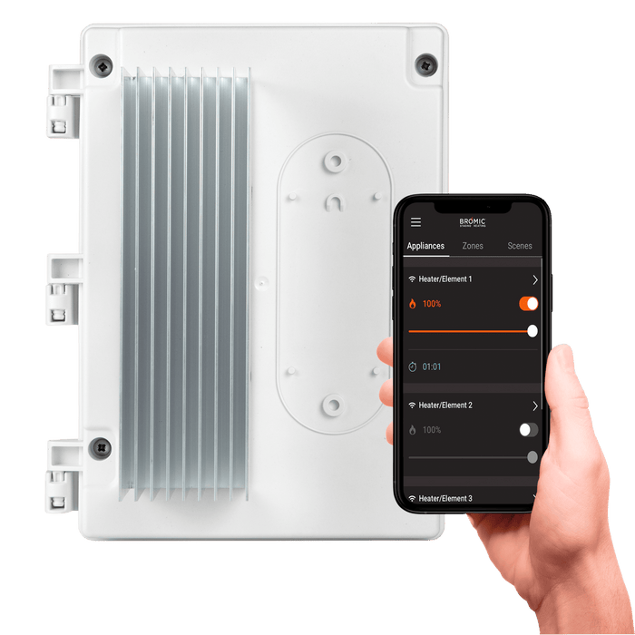 Smart home control panel with smartphone displaying control interface for Bromic's app with a transparent background