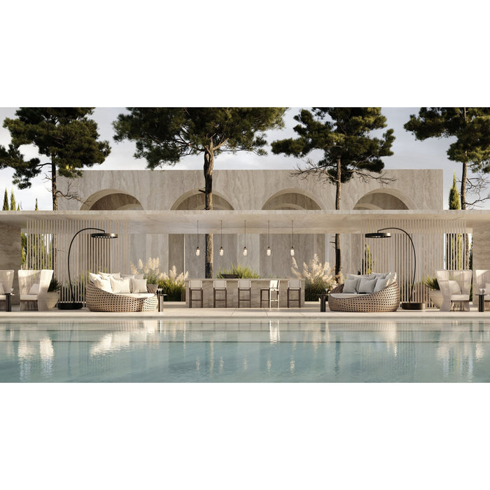 Outdoor setting with a pool, seating area, Bromic Eclipse Portable heaters and building in the background.