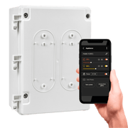 Bromic Eclipse controller device with a smartphone displaying the Bromic app interface on a transparent background