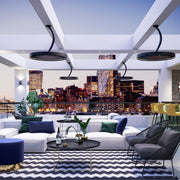Bromic Eclipse Heaters used in Modern rooftop lounge area with city skyline view
