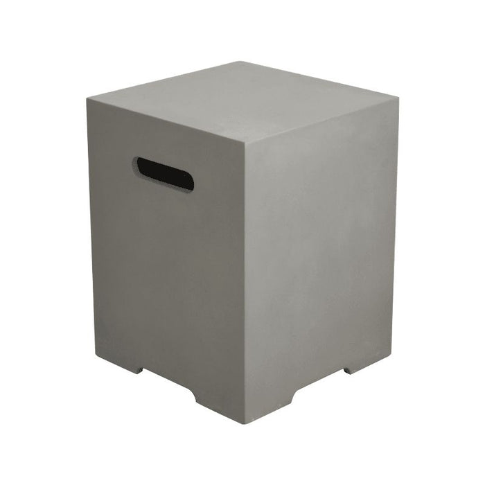 Gray cube-shaped propane tank cover on a white background