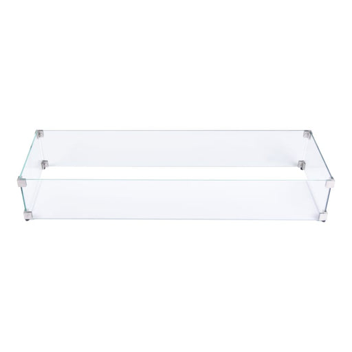 Clear glass wind screen for Elementi fire table on a white background
