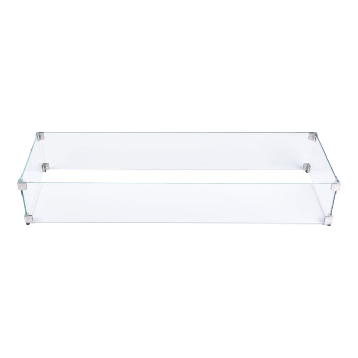 Clear glass wind screen for Elementi fire table on a white background