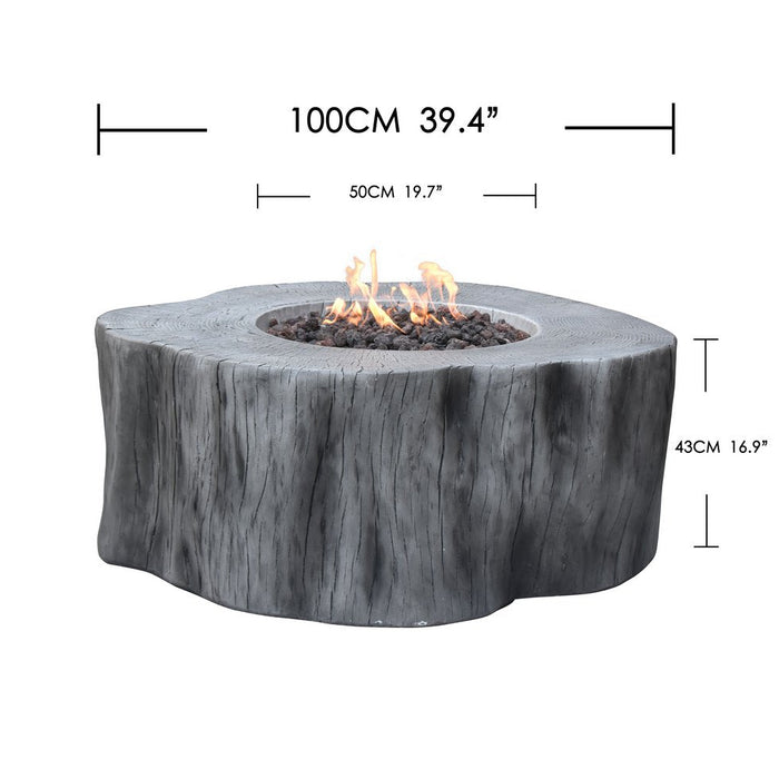 Elementi Manchester Fire pit table with measurements on a white background