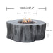 Elementi Manchester Fire pit table with measurements on a white background