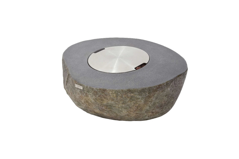 Round stone fire pit table on a white background