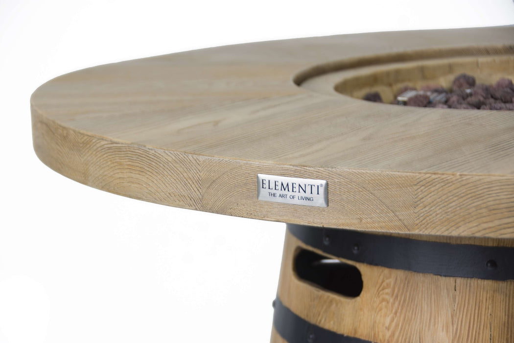 Wooden Lafite Barrel fire pit table with 'Elementi' branding on a white background