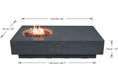 Dark Gray Rectangular Elementi Metropolis fire pit table with dimensions labeled on a white background
