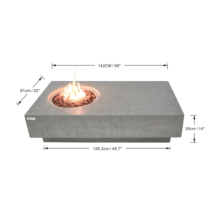 Light Gray Rectangular Elementi Metropolis fire pit table with dimensions labeled on a white background