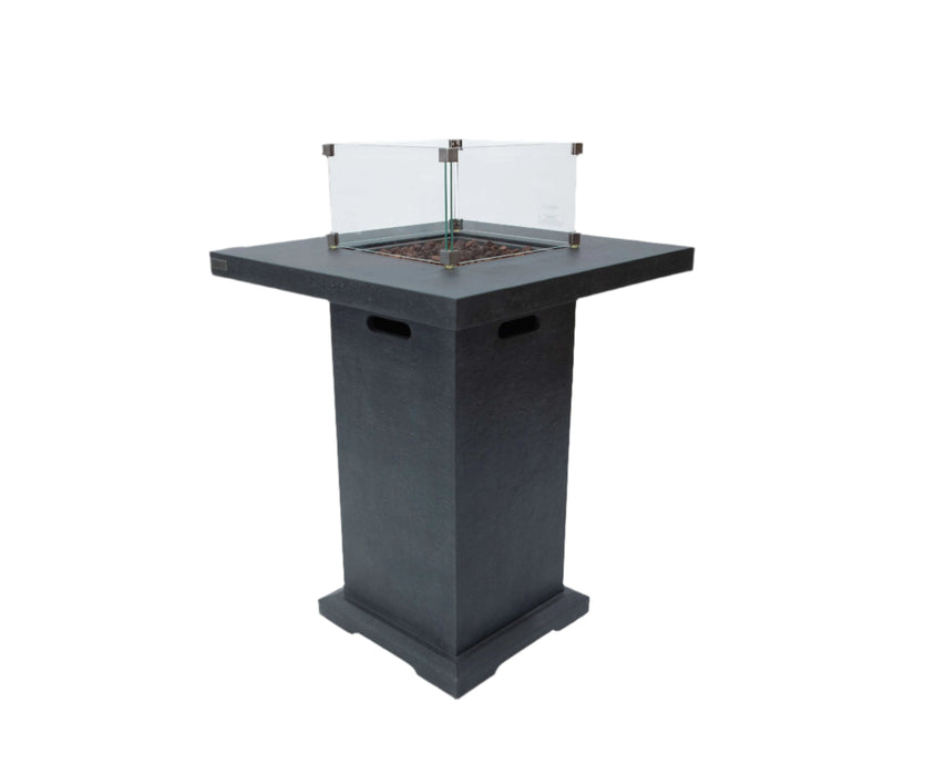 Dark gray fire pit table with glass cover on a white background
