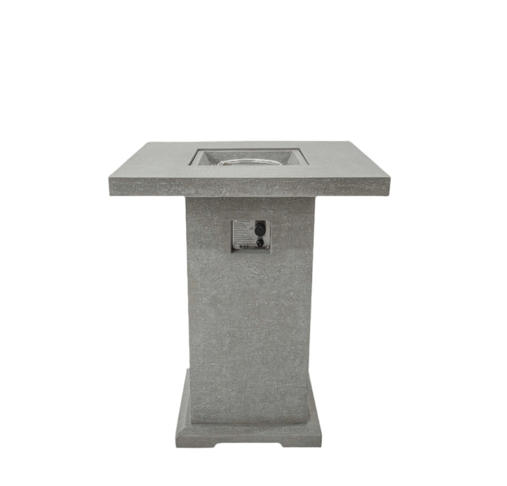 Concrete outdoor fire table with square top and pedestal base on a white background