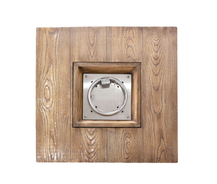 Wooden panel with a metallic circular component on a white background