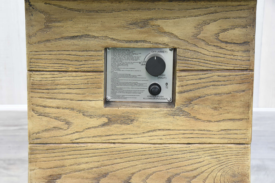 Wooden box with a metal label and buttons on a white background