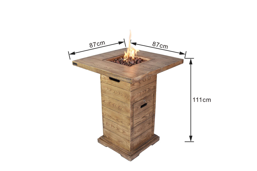Wooden Elementi Rova fire pit table with dimensions indicated on a white background