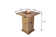 Wooden Elementi Rova fire pit table with dimensions indicated on a white background