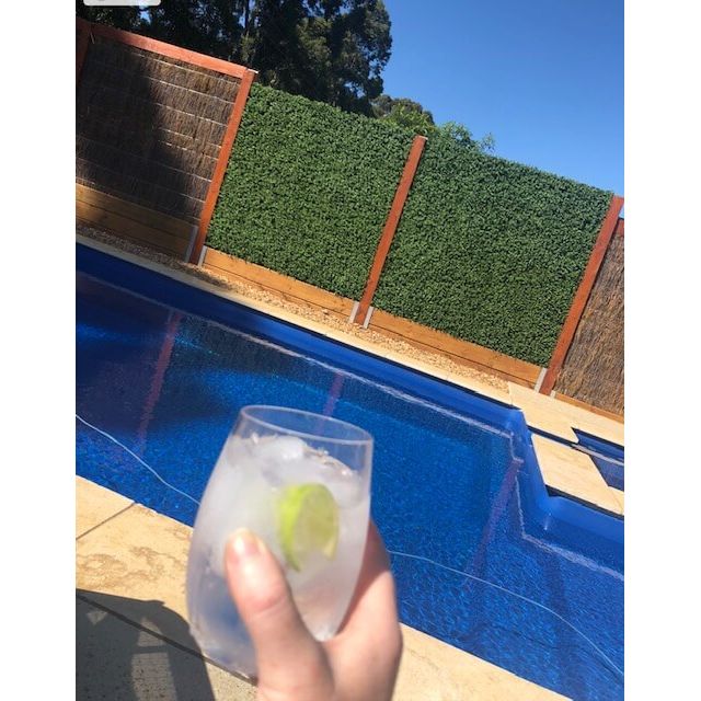 Premium Faux Boxwood Mat Installed Along a Pool Fence to Create an Entertaining Space