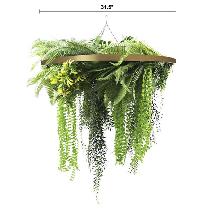 Gold Framed Roof Hanging Disc With Draping Life-Like Ferns and Plants  UV Resistant Large