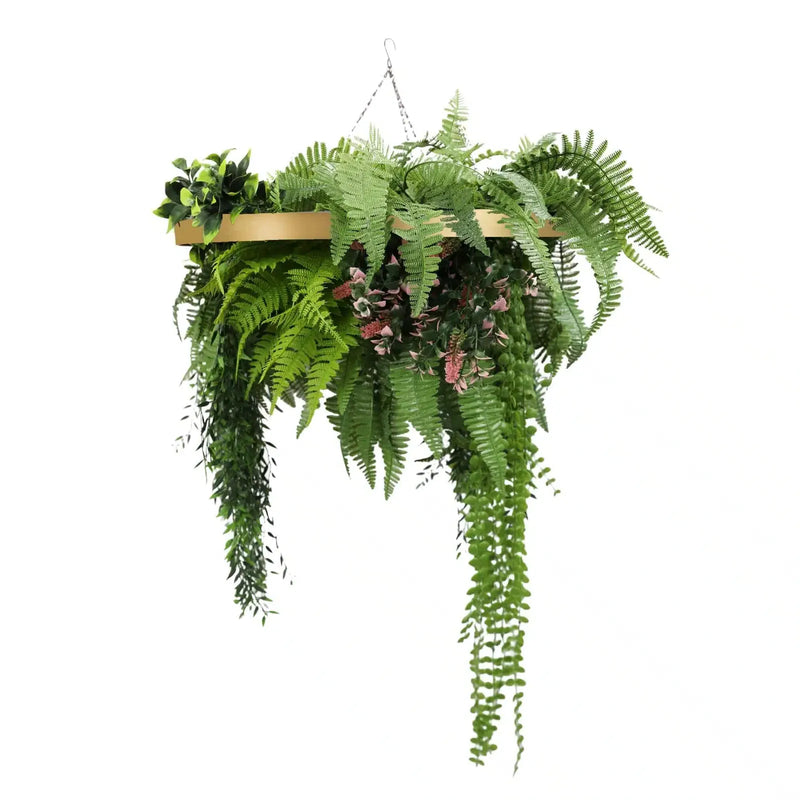 Gold Framed Roof Hanging Disc With Draping Life-Like Plants 23.6"