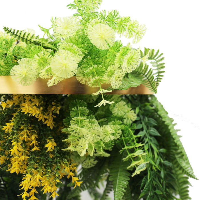 Designer Plants Gold Framed Roof Hanging Disc With Bright Tropical Folaige Mix and Draping Ferns 15.75" UV Resistant
