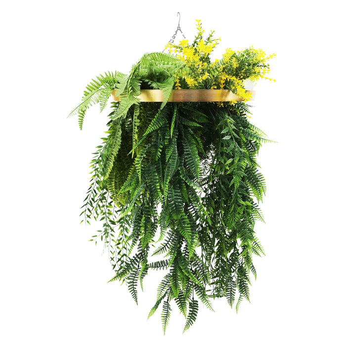 Designer Plants Gold Framed Roof Hanging Disc With Draping Life-Like Ferns and Plants 31.5" UV Resistant