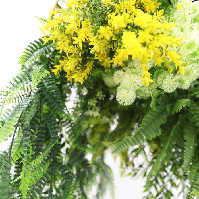 Designer Plants Gold Framed Roof Hanging Disc With Draping Life-Like Ferns and Plants 31.5" UV Resistant