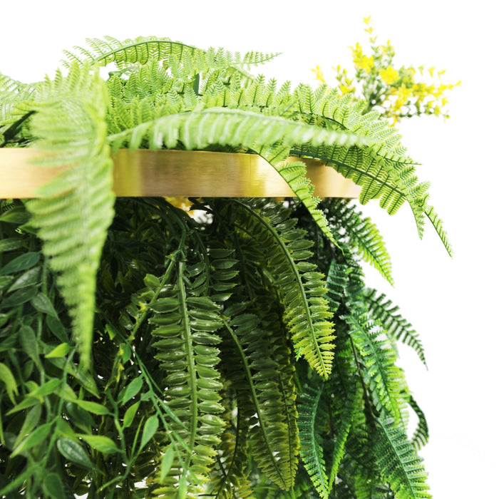 Designer Plants Gold Framed Roof Hanging Disc With Draping Life-Like Ferns and Plants 31.5" UV Resistant