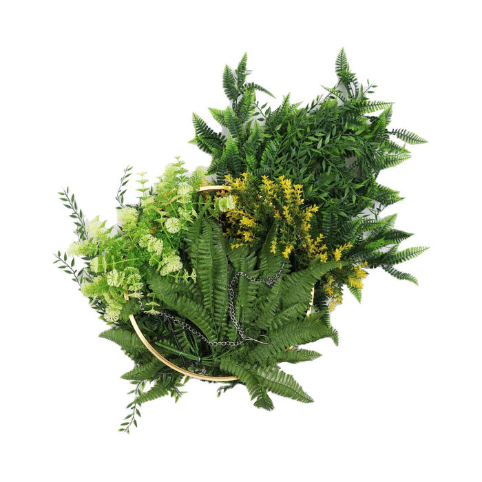 Designer Plants Gold Framed Roof Hanging Disc With Draping Life-Like Ferns and Plants 31.5" UV Resistant