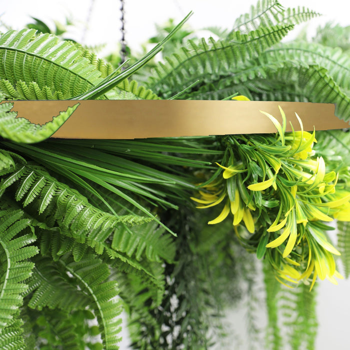 Designer Plants Gold Framed Roof Hanging Disc With Draping Life-Like Ferns and Plants 31.5" UV Resistant
