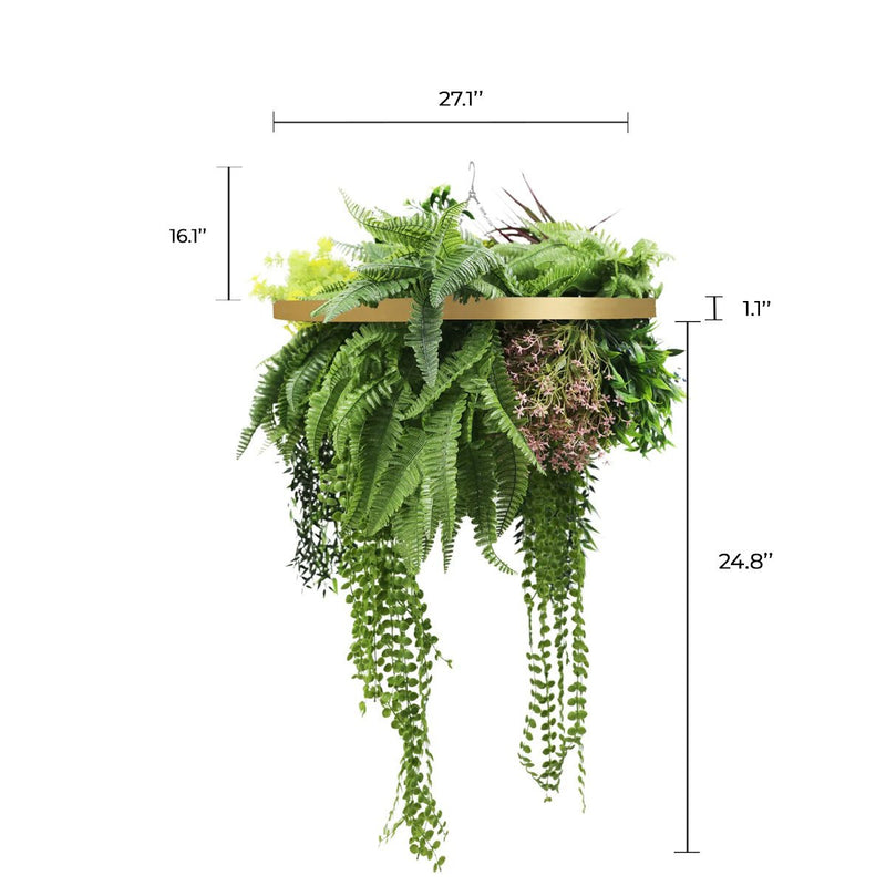 Gold Framed Roof Hanging Disc With Tropical Foliage Mix and Draping Stems UV Resistant Medium