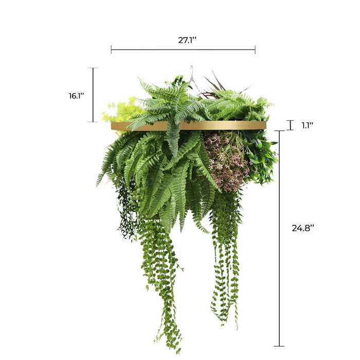 Gold Framed Roof Hanging Disc With Tropical Foliage Mix and Draping Stems UV Resistant Medium
