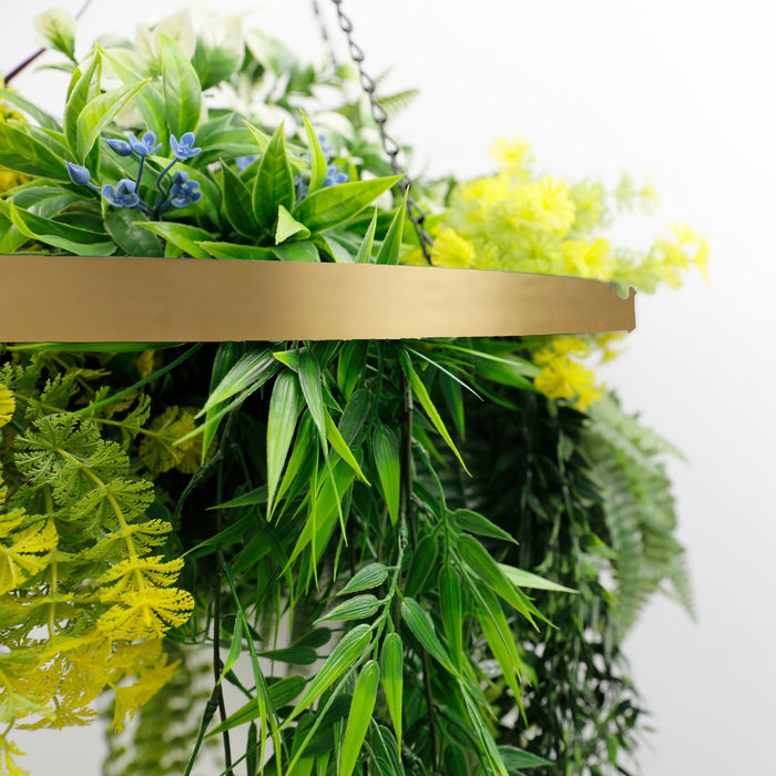 Designer Plants Gold Framed Roof Hanging Disc With Tropical Foliage Mix and Draping Stems 23.5" UV Resistant
