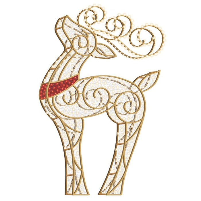 Decorative reindeer figure with gold and red details on a white background