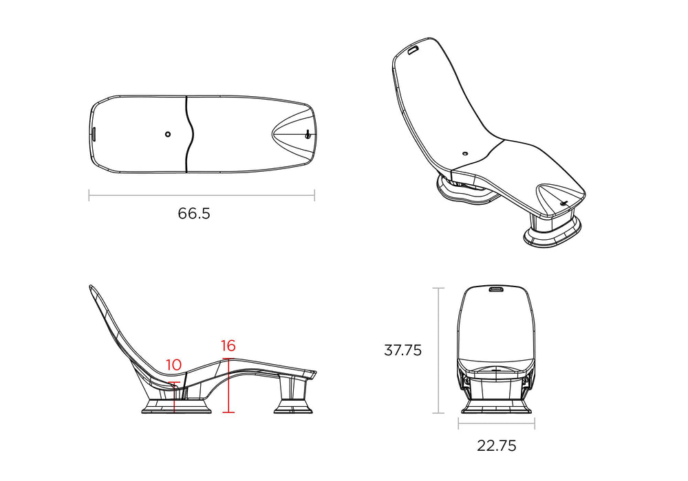 Technical drawing of Laylo Lounger with 4 in riser with dimensions labeled