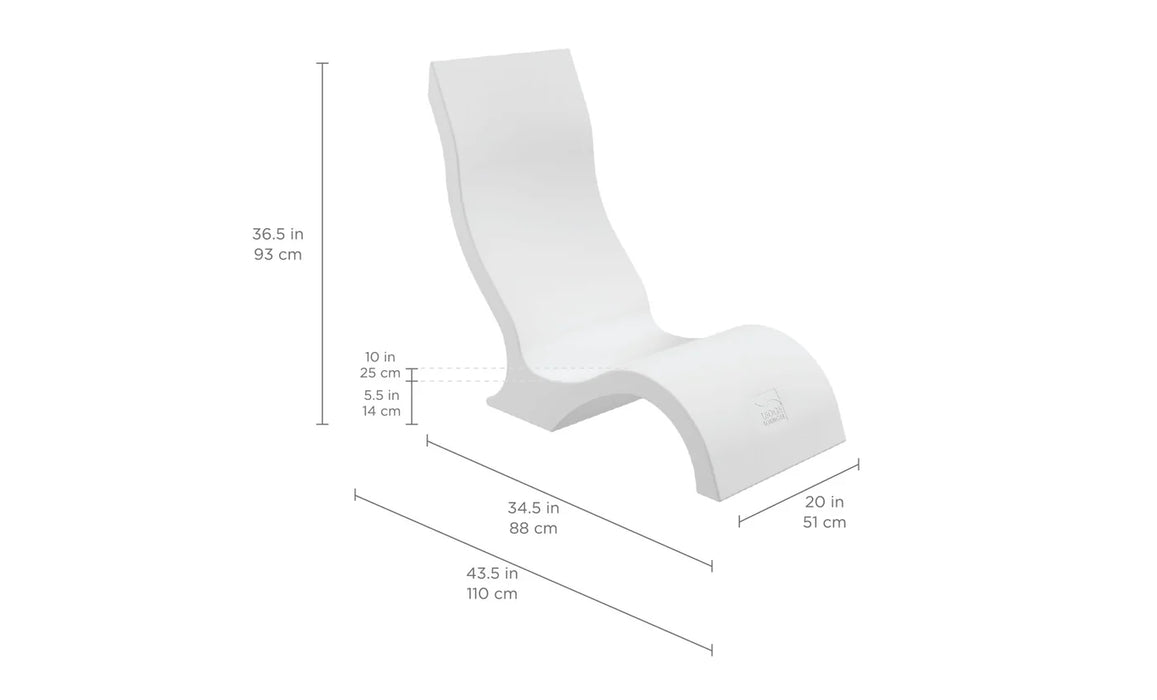 Signature chair made by Ledge Lounger with dimensions labeled on a white background