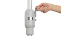 Hand holding a gray crank lever on an umbrella pole with a brand logo of Ledge Lounger on a white background