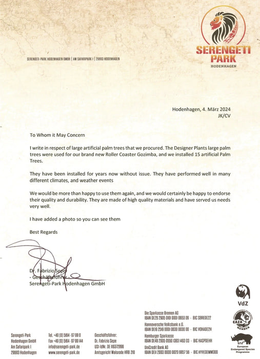 Letter from Serengeti Park Hodenhagen GmbH with logo and contact information.