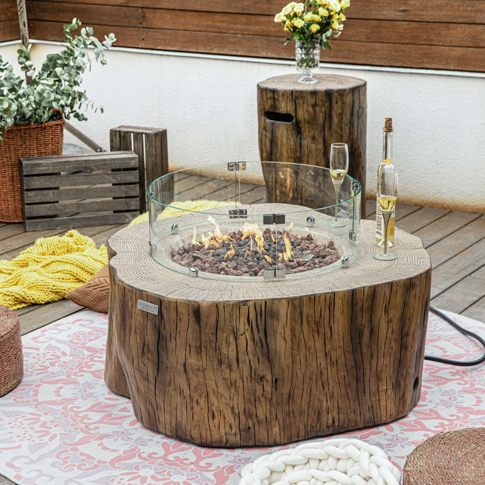 Wooden fire pit table with flames on a patio, surrounded by outdoor furniture and decor.