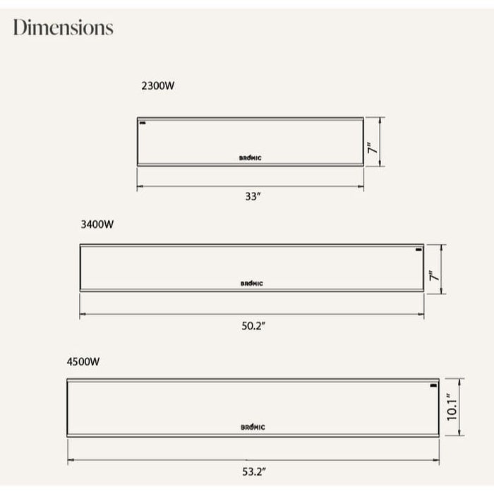 Dimensions of three different versions of the Bromic Platinum Electric Marine Heater with power ratings on a white background