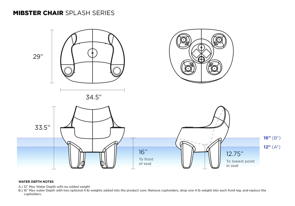 Technical drawing of a Mibster Chair with dimensions and specifications on a white background