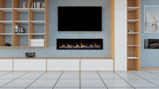 Modern living room with a flat-screen TV above an electric fireplace.