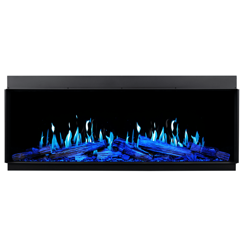 Rectangular linear electric fireplace with blue flames on a white background