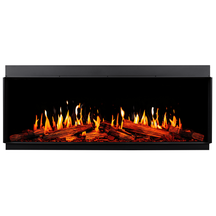 Modern electric fireplace by Modern Flames with glowing logs and flames on a white background