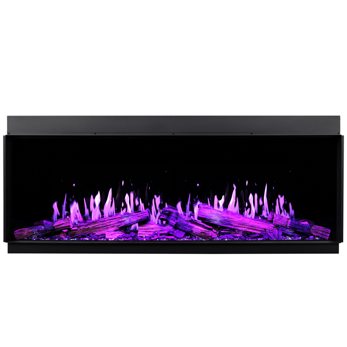 Electric fireplace with purple flames on a white background
