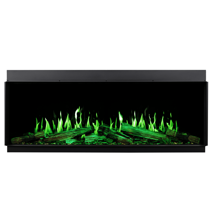 Electric linear fireplace with green flames on a white background