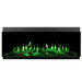 Electric linear fireplace with green flames on a white background